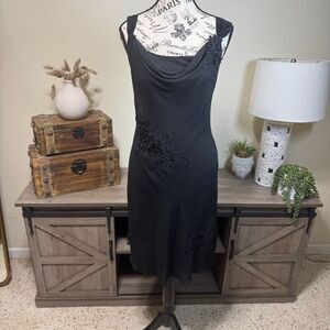 Vintage Adrianna Papell Embroidered Floral Midi Chiffon Dress Cowl Neck Sz 8 Y2k